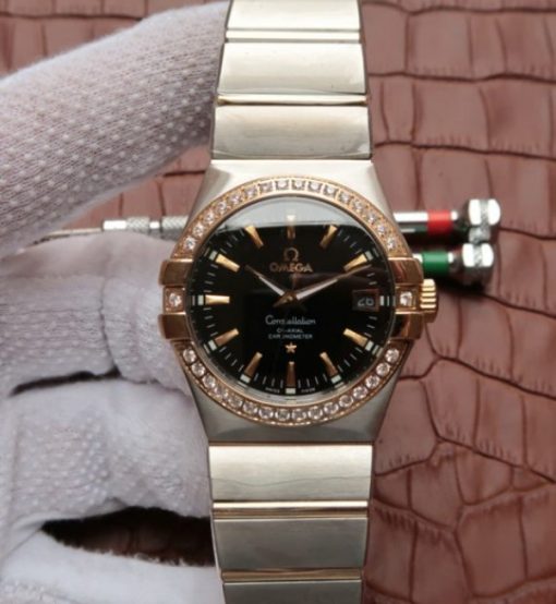 Replica Omega V6 Constellation 35mm Diamonds Bezel Black Dial SS Bracelet A2500