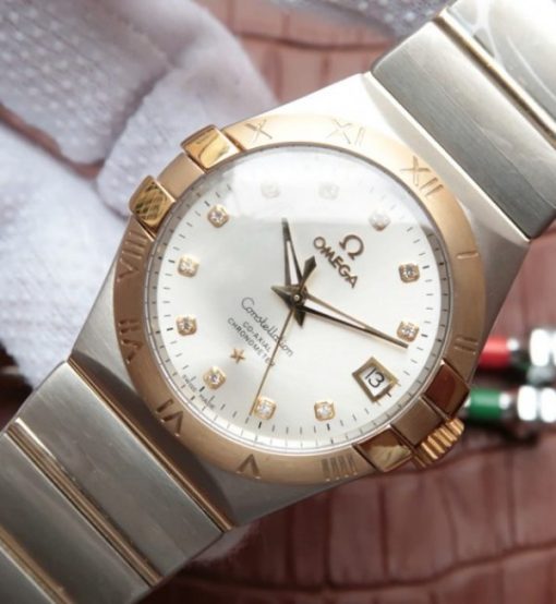 Replica Omega V6 Constellation 35mm White Dial YG Bezel Diamonds Markers SS Bracelet A2500 - Image 2