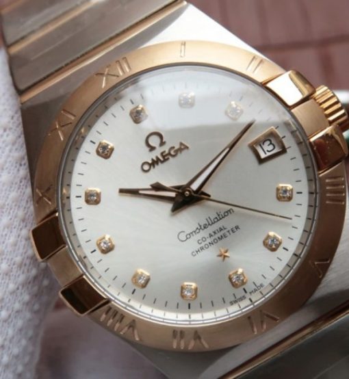 Replica Omega V6 Constellation 35mm White Dial YG Bezel Diamonds Markers SS Bracelet A2500 - Image 3