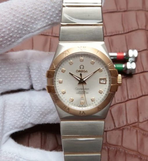 Replica Omega V6 Constellation 35mm White Dial YG Bezel Diamonds Markers SS Bracelet A2500