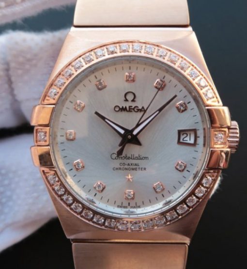 Replica Omega V6 Constellation RG White Dial Diamonds Bezel RG Bracelet A2500