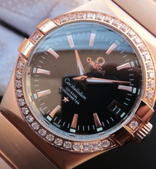 Replica Omega V6 Constellation RG Black Dial Diamonds Bezel RG Bracelet A2500 - Image 2