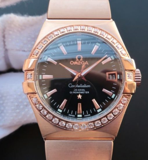 Replica Omega V6 Constellation RG Black Dial Diamonds Bezel RG Bracelet A2500