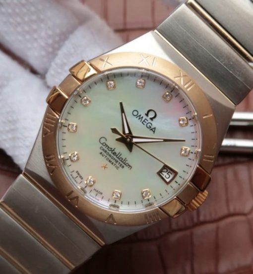 Replica Omega V6 Constellation 35mm White MOP Dial YG Bezel Diamonds Markers SS Bracelet A2500 - Image 2