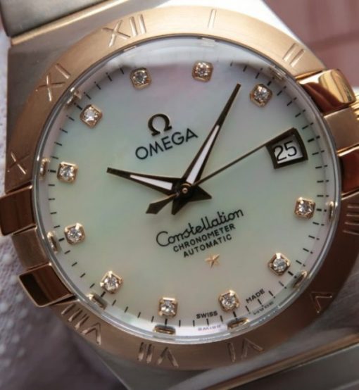 Replica Omega V6 Constellation 35mm White MOP Dial YG Bezel Diamonds Markers SS Bracelet A2500 - Image 3