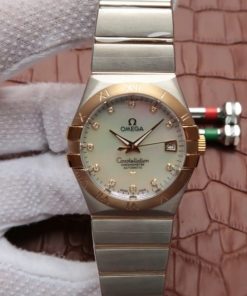 Replica Omega V6 Constellation 35mm White MOP Dial YG Bezel Diamonds Markers SS Bracelet A2500