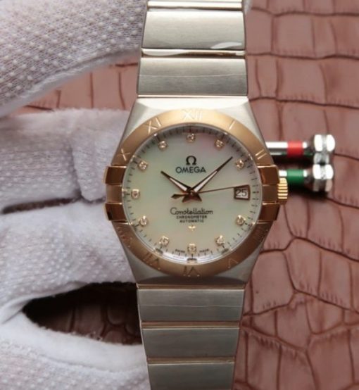 Replica Omega V6 Constellation 35mm White MOP Dial YG Bezel Diamonds Markers SS Bracelet A2500