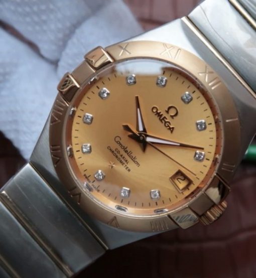 Replica Omega V6 Constellation 35mm Yellow Dial YG Bezel Diamonds Markers SS Bracelet A2500 - Image 2