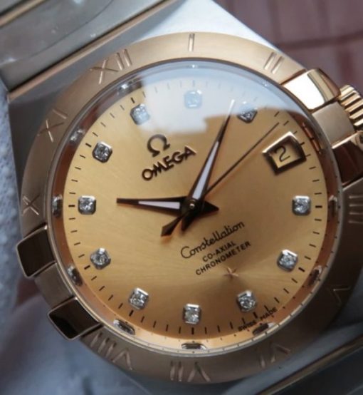Replica Omega V6 Constellation 35mm Yellow Dial YG Bezel Diamonds Markers SS Bracelet A2500 - Image 3