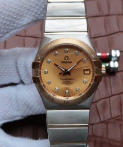 Replica Omega V6 Constellation 35mm Yellow Dial YG Bezel Diamonds Markers SS Bracelet A2500