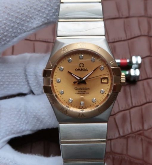 Replica Omega V6 Constellation 35mm Yellow Dial YG Bezel Diamonds Markers SS Bracelet A2500