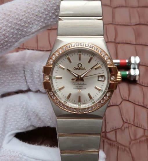 Replica Omega V6 Constellation 35mm White Dial Diamonds Bezel SS Bracelet A2500