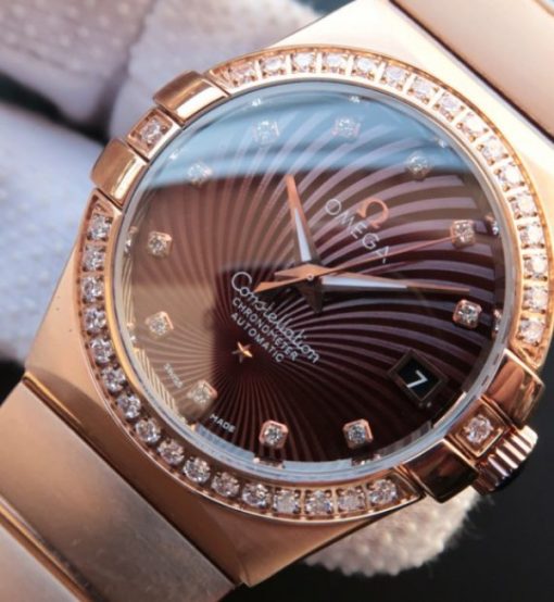 Replica Omega V6 Constellation Diamonds Bezel Brown Textured Dial RG Case A2500 - Image 2