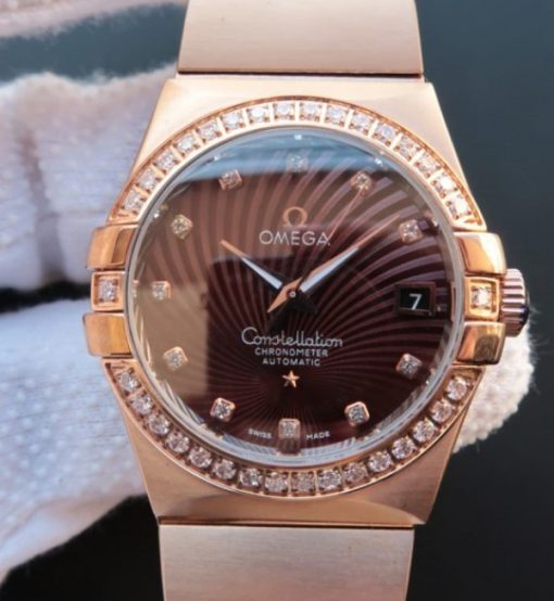 Replica Omega V6 Constellation Diamonds Bezel Brown Textured Dial RG Case A2500