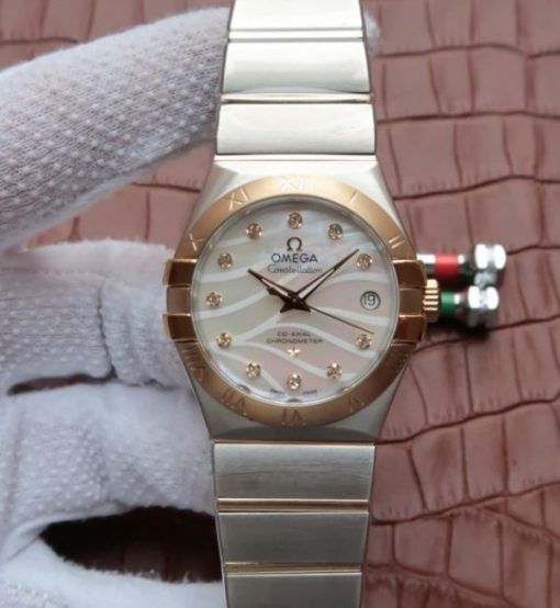Replica Omega V6 Constellation Diamonds Bezel YG Bezel White Textured Dial A2500