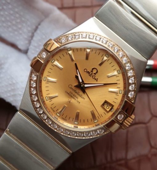 Replica Omega V6 Constellation 35mm Diamonds Bezel YG Dial SS Bracelet A2500 - Image 2