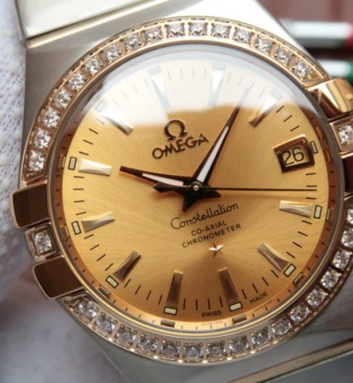 Replica Omega V6 Constellation 35mm Diamonds Bezel YG Dial SS Bracelet A2500 - Image 3