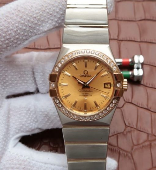 Replica Omega V6 Constellation 35mm Diamonds Bezel YG Dial SS Bracelet A2500