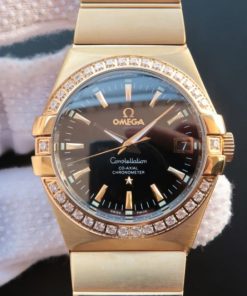 Replica Omega V6 Constellation Black Dial Diamonds Bezel YG Bracelet A2500