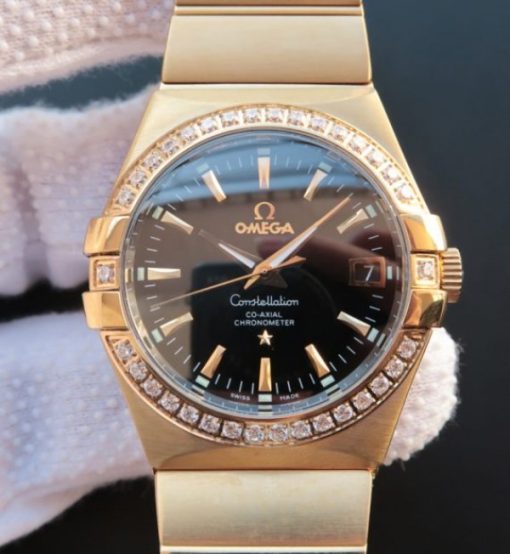 Replica Omega V6 Constellation Black Dial Diamonds Bezel YG Bracelet A2500