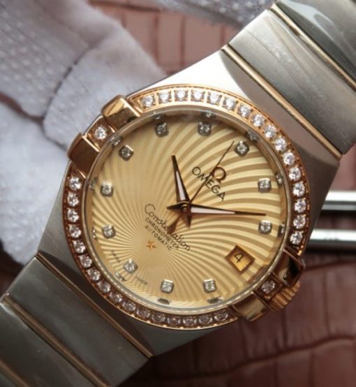 Replica Omega V6 Constellation 35mm Diamonds Bezel YG Textured Dial SS Bracelet A2500 - Image 2