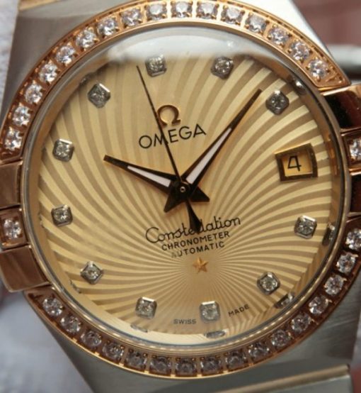 Replica Omega V6 Constellation 35mm Diamonds Bezel YG Textured Dial SS Bracelet A2500 - Image 3