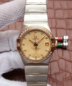 Replica Omega V6 Constellation 35mm Diamonds Bezel YG Textured Dial SS Bracelet A2500