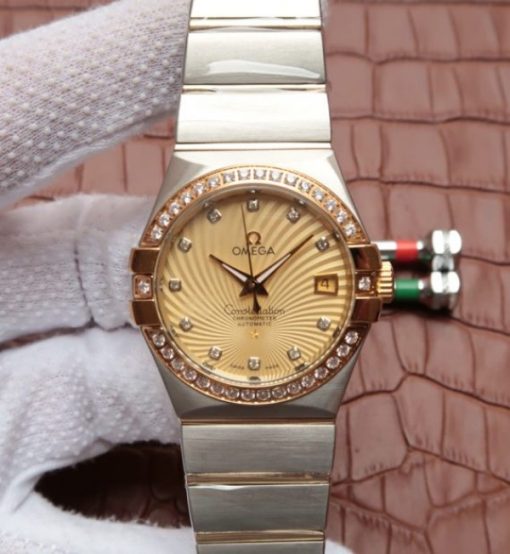 Replica Omega V6 Constellation 35mm Diamonds Bezel YG Textured Dial SS Bracelet A2500