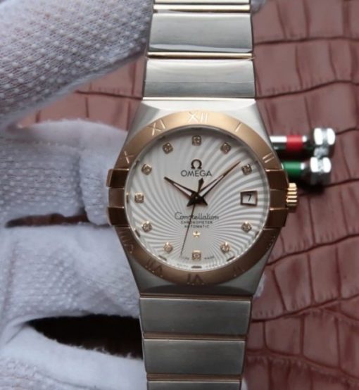 Replica Omega V6 Constellation 35mm YG Bezel White Textured Dial SS Bracelet A2500