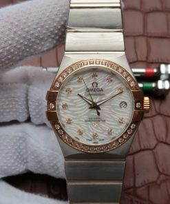 Replica Omega V6 Constellation 35mm SS White Dial Diamonds & Bezel Markers RG Bezel A2500