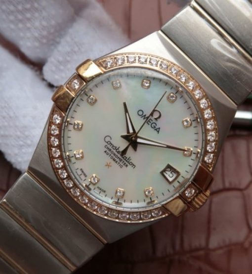 Replica Omega V6 Constellation 35mm White MOP Dial Diamonds Bezel SS Bracelet A2500 - Image 2
