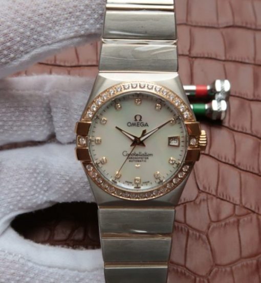 Replica Omega V6 Constellation 35mm White MOP Dial Diamonds Bezel SS Bracelet A2500