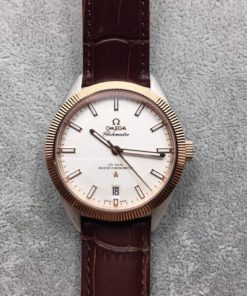 Replica Omega Globemaster Master Chronometer White Dial RG Bezel Leather Strap A8913