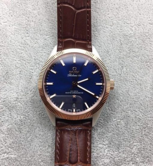 Replica Omega Globemaster Master Chronometer Blue Dial RG Bezel Leather Strap A8900
