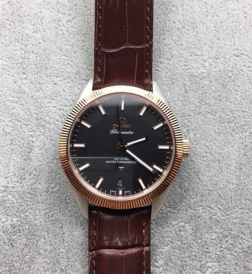 Replica Omega Globemaster Master Chronometer Black Dial RG Bezel Leather Strap A8900