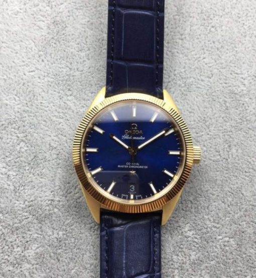 Replica Omega Globemaster Master Chronometer YG Case Blue Dial Leather Strap A8900
