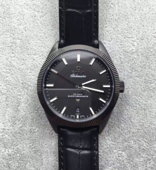 Replica Omega Globemaster Master DLC Black Dial Leather Strap A8900