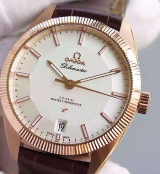 Replica Omega Globemaster Master RG Case White Dial Brown Leather Strap A8901 - Image 2