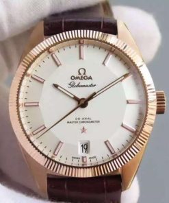 Replica Omega Globemaster Master RG Case White Dial Brown Leather Strap A8901