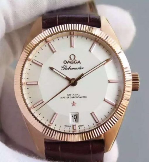 Replica Omega Globemaster Master RG Case White Dial Brown Leather Strap A8901