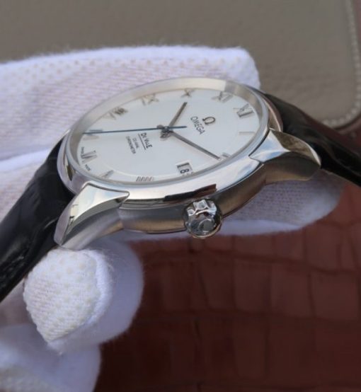 Replica Omega V6 De Ville 41mm SS White Dial Black Leather Strap A8500 - Image 4