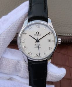 Replica Omega V6 De Ville 41mm SS White Dial Black Leather Strap A8500