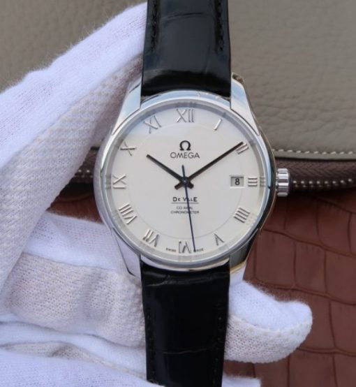 Replica Omega V6 De Ville 41mm SS White Dial Black Leather Strap A8500