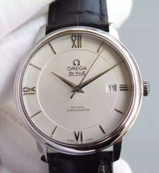Replica Omega MKF De Ville 39.5mm SS White Dial Black Leather Strap A8500