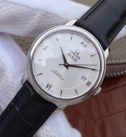 Replica Omega V6 De Ville 37mm SS White Dial Black Leather Strap A2892 - Image 2