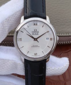 Replica Omega V6 De Ville 37mm SS White Dial Black Leather Strap A2892