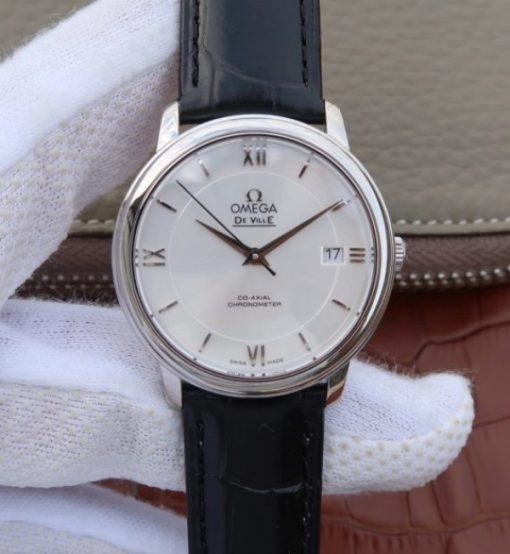 Replica Omega V6 De Ville 37mm SS White Dial Black Leather Strap A2892