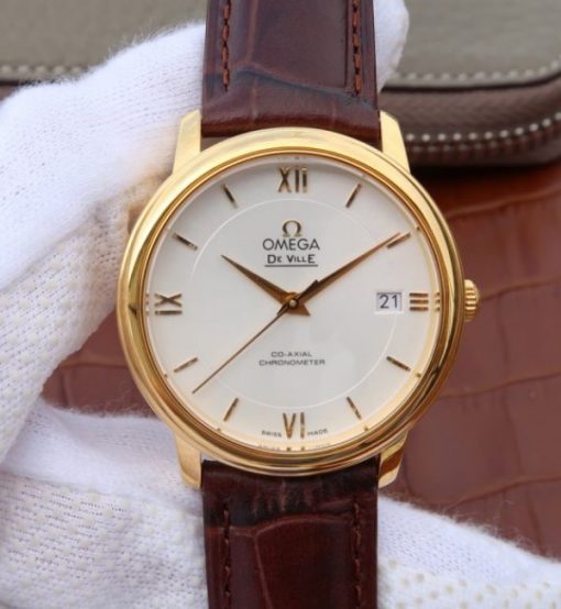 Replica Omega MKF De Ville 37mm YG White Dial YG Markers Leather Strap A2892