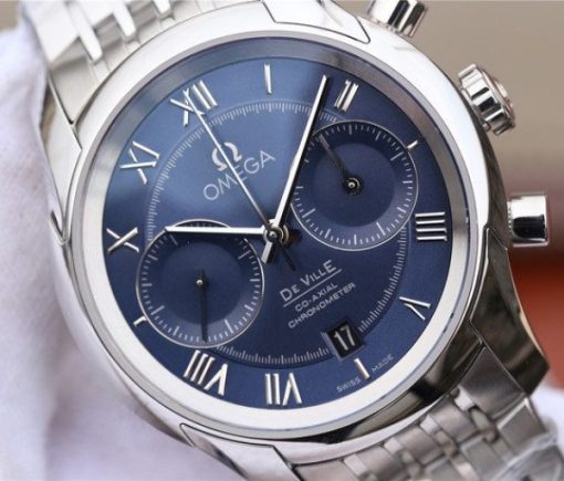 Replica Omega OMF De Ville Chronograph 42mm Blue Dial SS Bracelet A9300 - Image 3