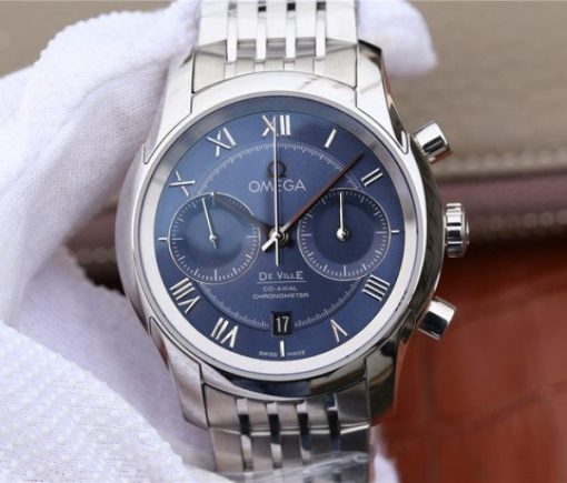 Replica Omega OMF De Ville Chronograph 42mm Blue Dial SS Bracelet A9300